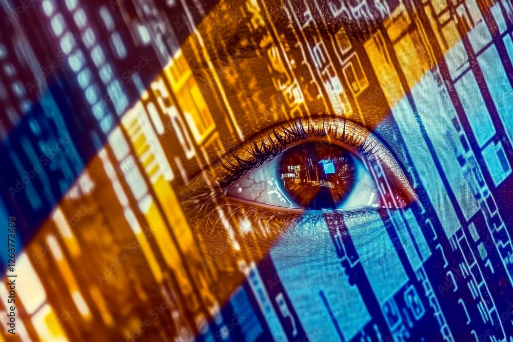 Aufkleber a close-up of an eye overlaid with colorful digital patterns, representing the fusion of human perce