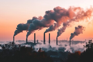 Chimneys release thick smoke into the air as sunset casts an orange and purple glow over an industrial landscape, creating a dramatic view. Generative AI