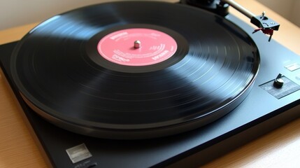 Classic vinyl record spinning on a turntable in a cozy indoor setting during afternoon light