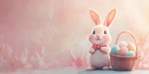 Obraz premium Cute Bunny with a Bowtie and a Basket of Eggs for Easter Celebration