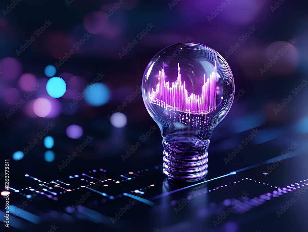Poster light bulb with glowing pink sound wave visualization inside on computer keyboard, dark background w