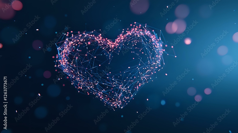 Poster glowing heart shape formed by connected particles and light dots on dark blue background with bokeh 
