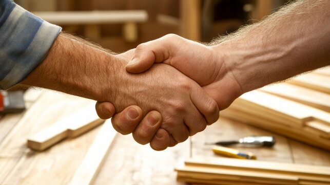 Handshake between two craftsmen in a workshop setting, symbolizing collaboration and mutual respect in woodworking