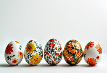 Fototapeta premium Generated imEin Set kunstvoll verzierter Ostereier mit traditionellen floralen Mustern in warmen Farben – elegant, detailreich und perfekt für die Osterdekoration. Textfreiraum. Generative KI