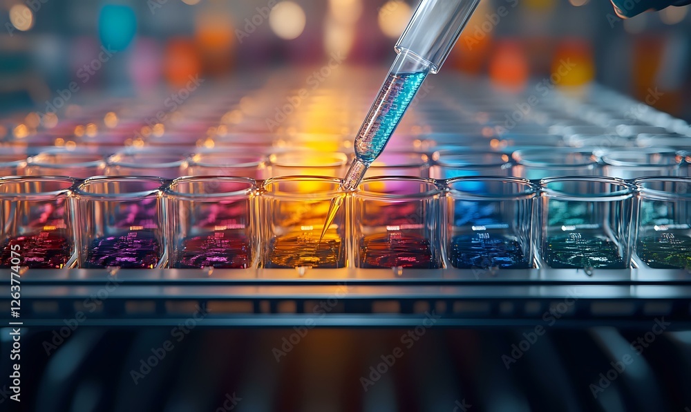 Poster laboratory research with multichannel pipette adding blue solution to microplate wells with colorful
