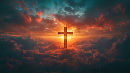 Glowing Christian cross silhouette against dramatic sunset sky with red and orange clouds. Spiritual and religious background concept for faith and worship.