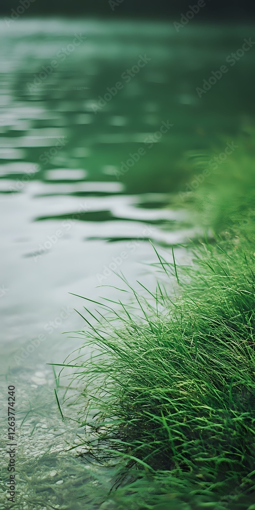 Poster Fresh green grass growing along tranquil water edge with soft ripples and reflections creating serene natural atmosphere for environmental concepts.