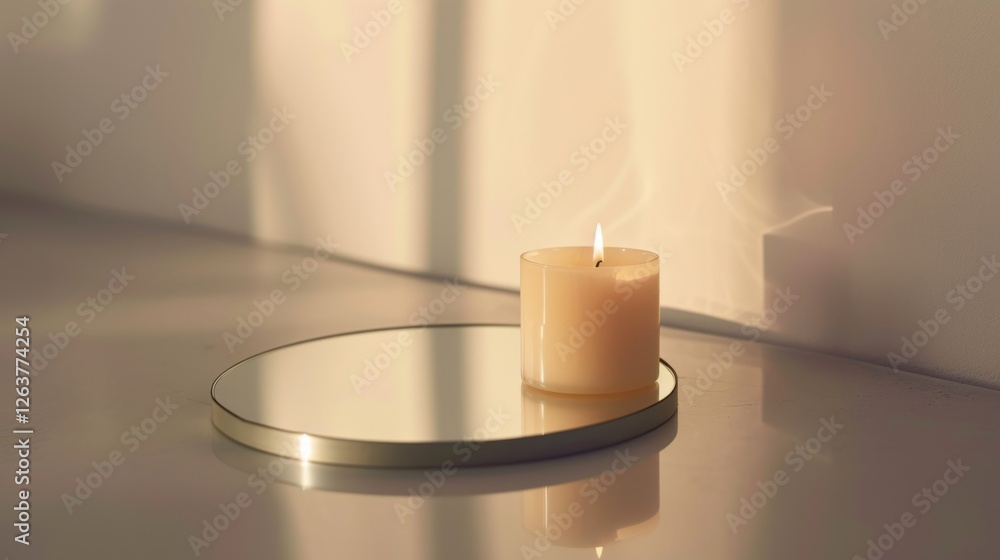 Poster a single glowing candle placed on a reflective mirrored surface, casting soft light in a serene and 