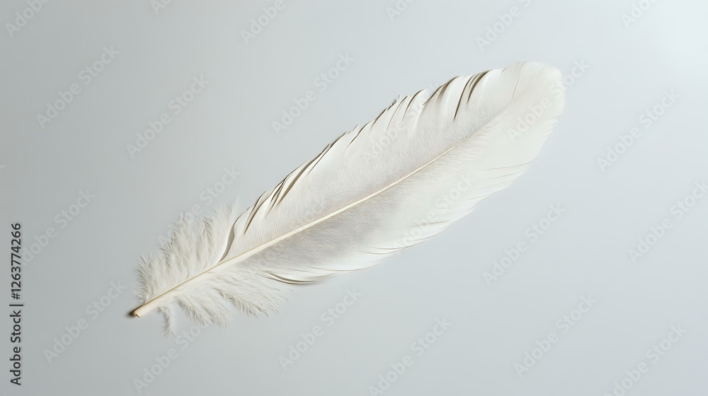 Poster single white feather on light gray background, soft and delicate texture with detailed barbs and rac