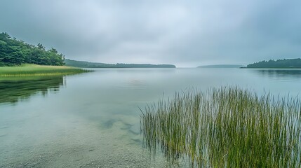 Tranquil lake landscape with tall reeds in foreground and misty atmosphere, reflecting cloudy sky and distant forested shoreline in calm waters. Moody nature scene.