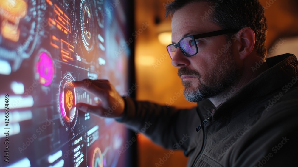 Poster a medium closeup image of a technician interacting with a touchscreen control panel analyzing cyber 