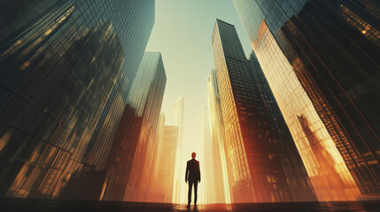 powerful image of business leader standing between skyscrapers, showcasing ambition and determination