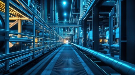 Obraz premium Industrial Night Scene: A captivating view of a modern industrial facility at night, showcasing intricate metal structures, pipelines, and walkways bathed in electric blue light.