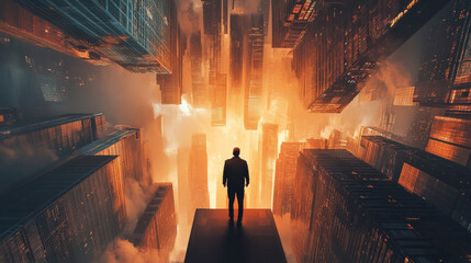 powerful image of business leader standing amidst towering skyscrapers, surrounded by dramatic fiery backdrop