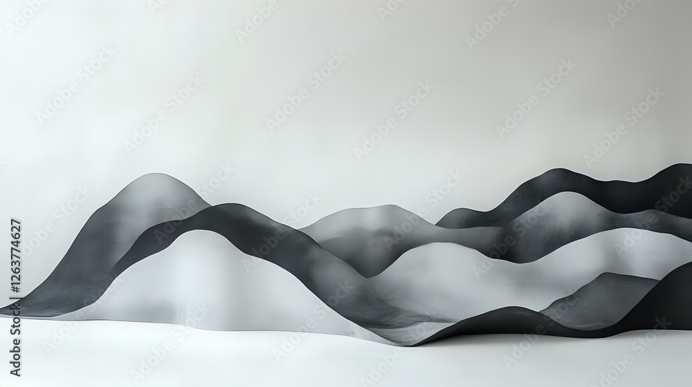 Poster abstract wavy black and white shapes creating fluid minimalist composition with soft shadows and gen