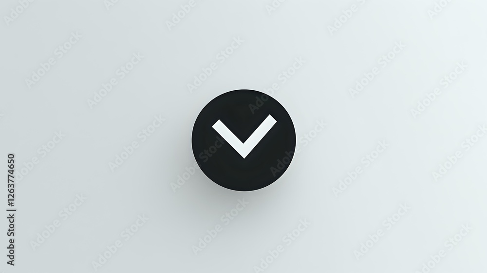 Poster minimalist black circle with white checkmark symbol on light background, isolated design element for