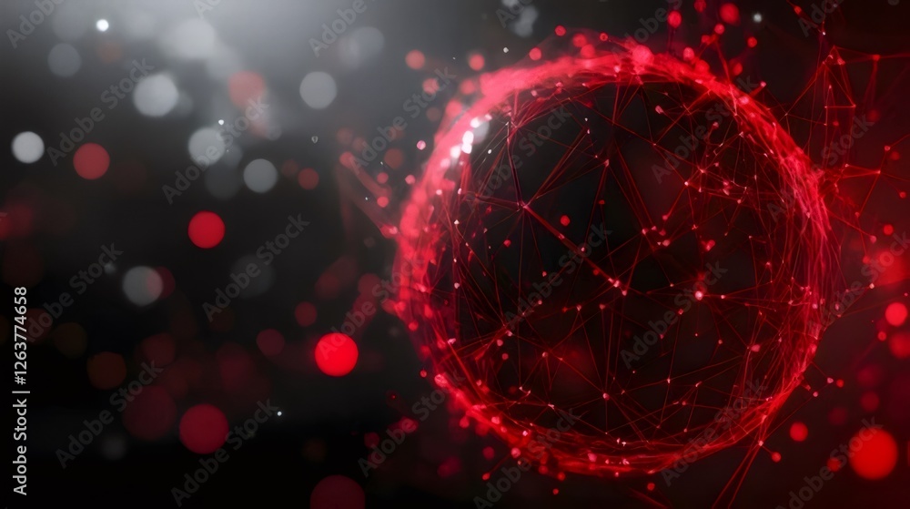 Poster abstract red sphere with connecting lines and bokeh.