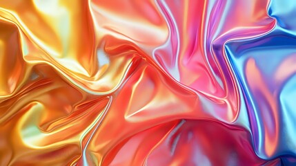 Obraz premium Luxurious flowing silk fabric in vibrant orange, pink and blue colors creating smooth waves and folds with glossy metallic sheen and soft gradient transitions.