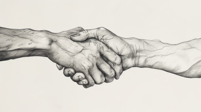 A detailed black and white sketch of a handshake, emphasizing the texture and realism of the hands, symbolizing unity, partnership, and mutual respect. AI generated.