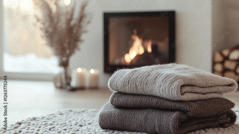 Poster cozy warmth of stacked blankets near a crackling fire in a serene living space during winter. genera
