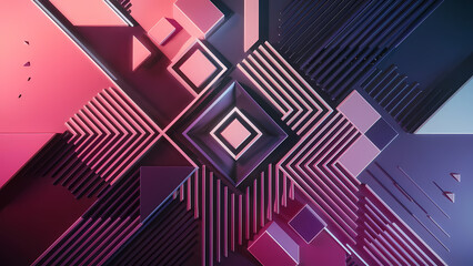 Obraz premium An Abstract Background Design Incorporates Geometric Shapes Such as Triangles, Squares, Stripes, and Lines, Creating an Eye-Catching Pattern - Digital Art
