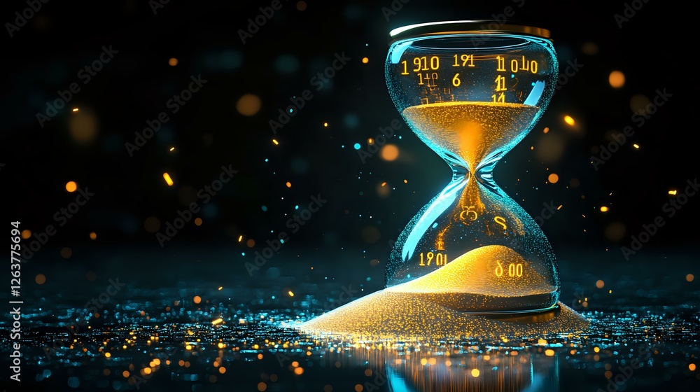 Poster glowing hourglass with flowing golden sand against dark background with magical sparkles and light p