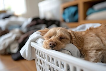 Obraz na płótnie Canvas A small furry dog is peacefully sleeping on a pile of freshly laundered clothes, showcasing a cozy and serene environment that invites warmth and relaxation.