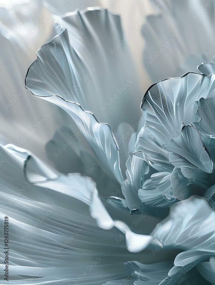 Poster soft blue-tinted macro photograph of delicate flower petals creating abstract waves and curves with 