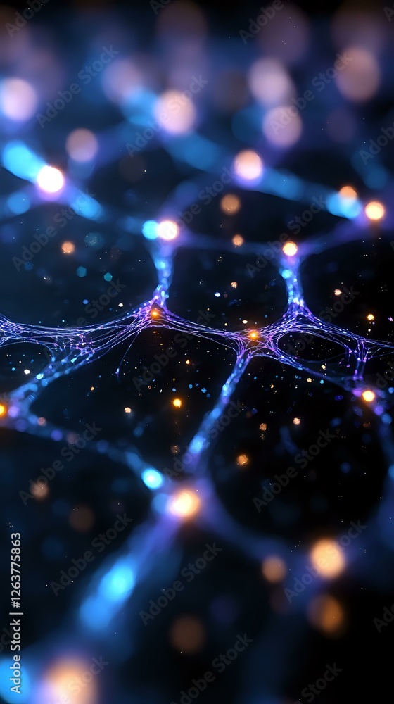 Poster Glowing neural network connections with blue and orange light effects on dark background, representing artificial intelligence and deep learning technology.