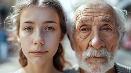 Close-up portrait of a young girl and an elderly man, side by side, with serious expressions, highlighting generational contrasts and emotional depth. AI generated.