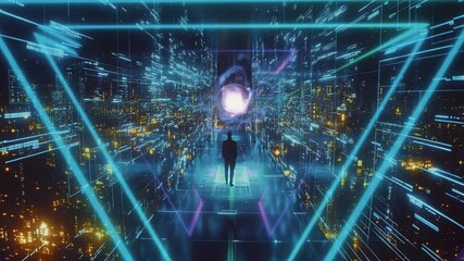 Man silhouetted in futuristic digital cityscape, neon lights, data streams, glowing orb. Seamless looping 4k time-lapse - Powered by Adobe