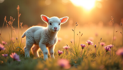 Obraz premium Sweet baby sheep standing among flowers at golden sunset, Lamb with Flowers, Easter