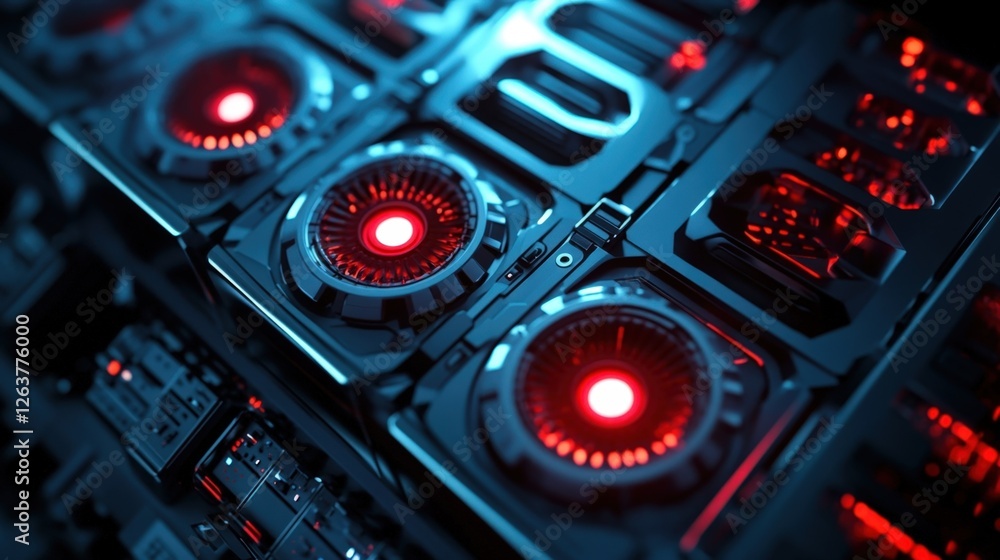 Poster a detailed closeup of a secure server rack with blinking leds cooling fans and a large security lock