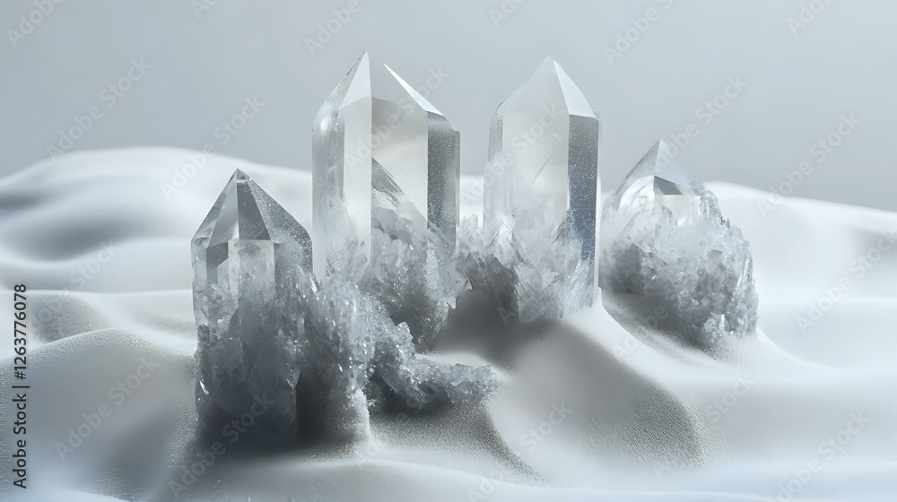 Poster clear quartz crystal points emerging from soft white misty surface, creating ethereal mineral format