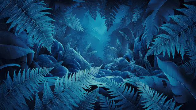 A Blue Nature Background Is Filled With an Array of Lush-Toned Fern Leaves in Various Shades of Blue - Digital Art