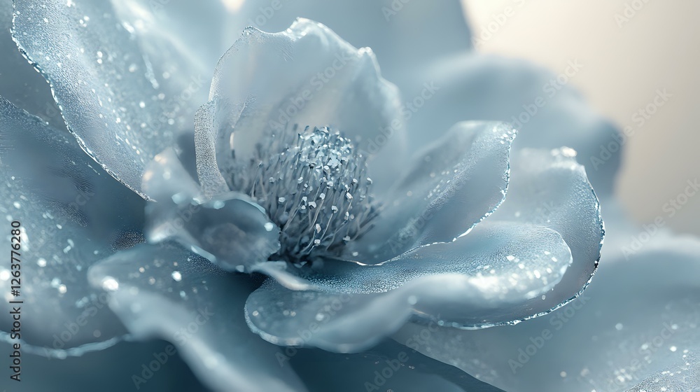 Poster ethereal macro shot of a delicate blue flower with water droplets and soft bokeh effect, creating dr