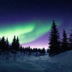 Fototapeta premium Majestic northern lights illuminate a winter landscape with snow covered trees in a serene night sky. Generative AI