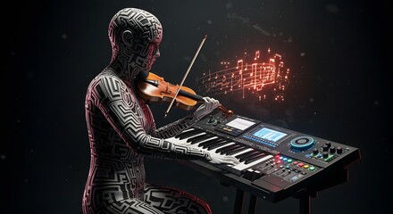 Abstract digital artist playing violin and keyboard synthesizer 3d red dark glow music notes lines