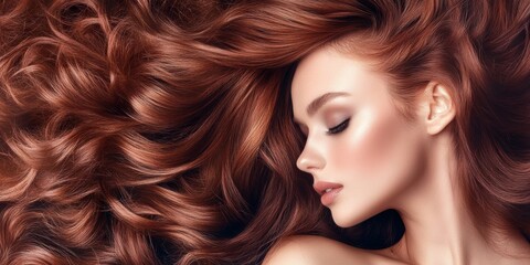 Obraz premium Captivating profile of a woman with flowing, vibrant red hair set against a dark background