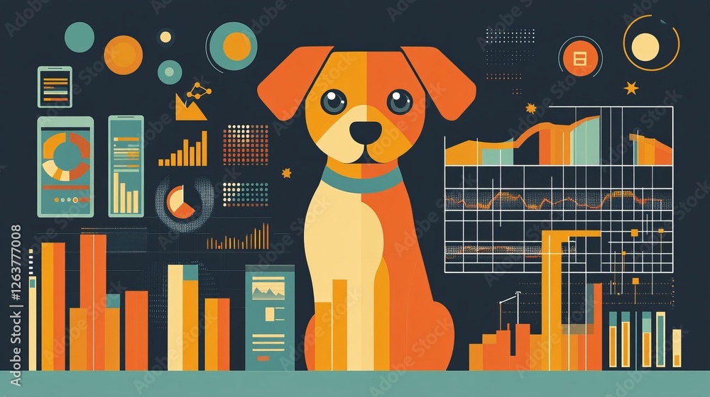 Aufkleber data visualization graphic with a dog, charts, and graphs representing pet data analytics.