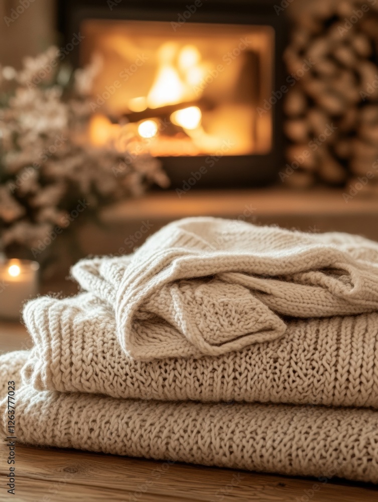Poster cozy knitted sweaters stacked next to a warm fireplace with a flower arrangement in a tranquil indoo