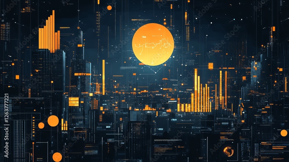 Aufkleber futuristic cityscape with digital data and graphs overlaid, creating a vibrant, abstract scene.
