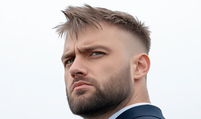 Obraz premium Confident Young Businessman with Short Hair in Suit Posing Against a Soft Sky Background for Professional and Corporate Imagery