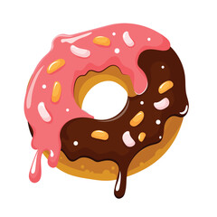 Cute chocolate donut covered pink cream and topping. Delicious sweet baked dessert. Vector illustrations for posters, cards, postcards, menu, restaurant.