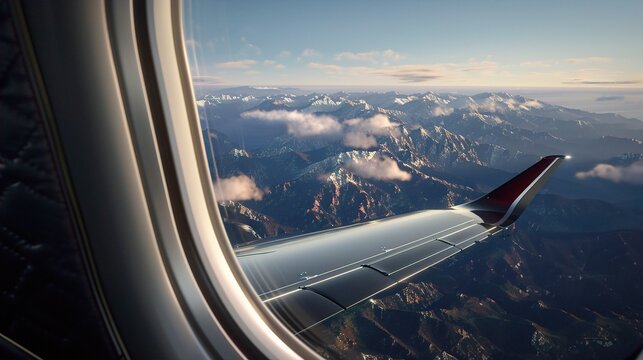 Aerial view of majestic snow-capped mountains seen from an airplane window at sunset, with shimmering clouds surrounding the peaks. Aviation Edge, Dynamic Wing