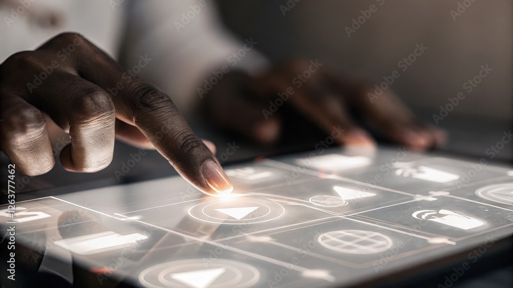 Poster a closeup of a hand interacting with a holographic keyboard with translucent letters and numbers app