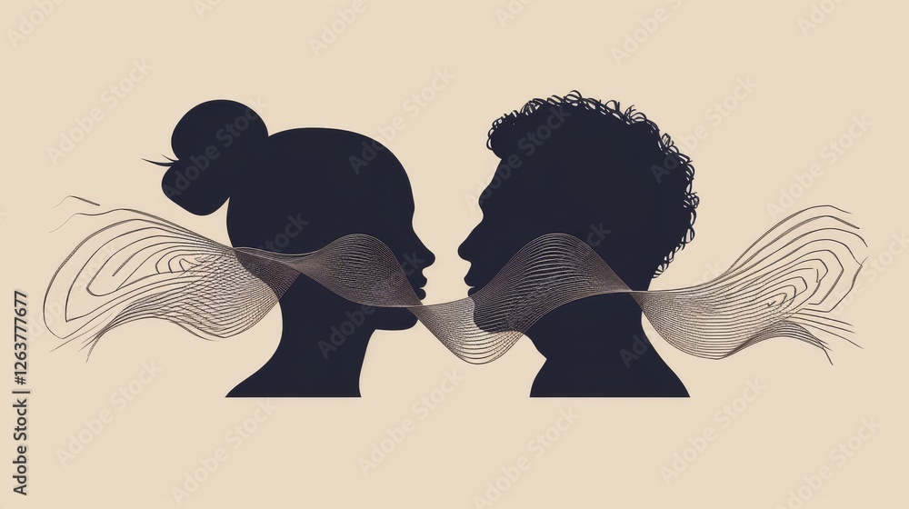 Poster stylized abstract silhouettes of two human profiles facing each other, connected by elegant flowing 