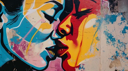 Street art depicting a vibrant and emotional mural of two women sharing a kiss, blending abstract and expressive styles on a textured wall. AI generated.