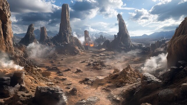 A barren volcanic landscape with rugged rock formations and steaming vents.