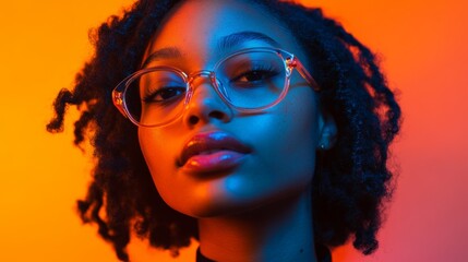 Obraz premium Portrait of a young woman with natural curls and glasses against a vibrant colored backdrop in a creative studio setting